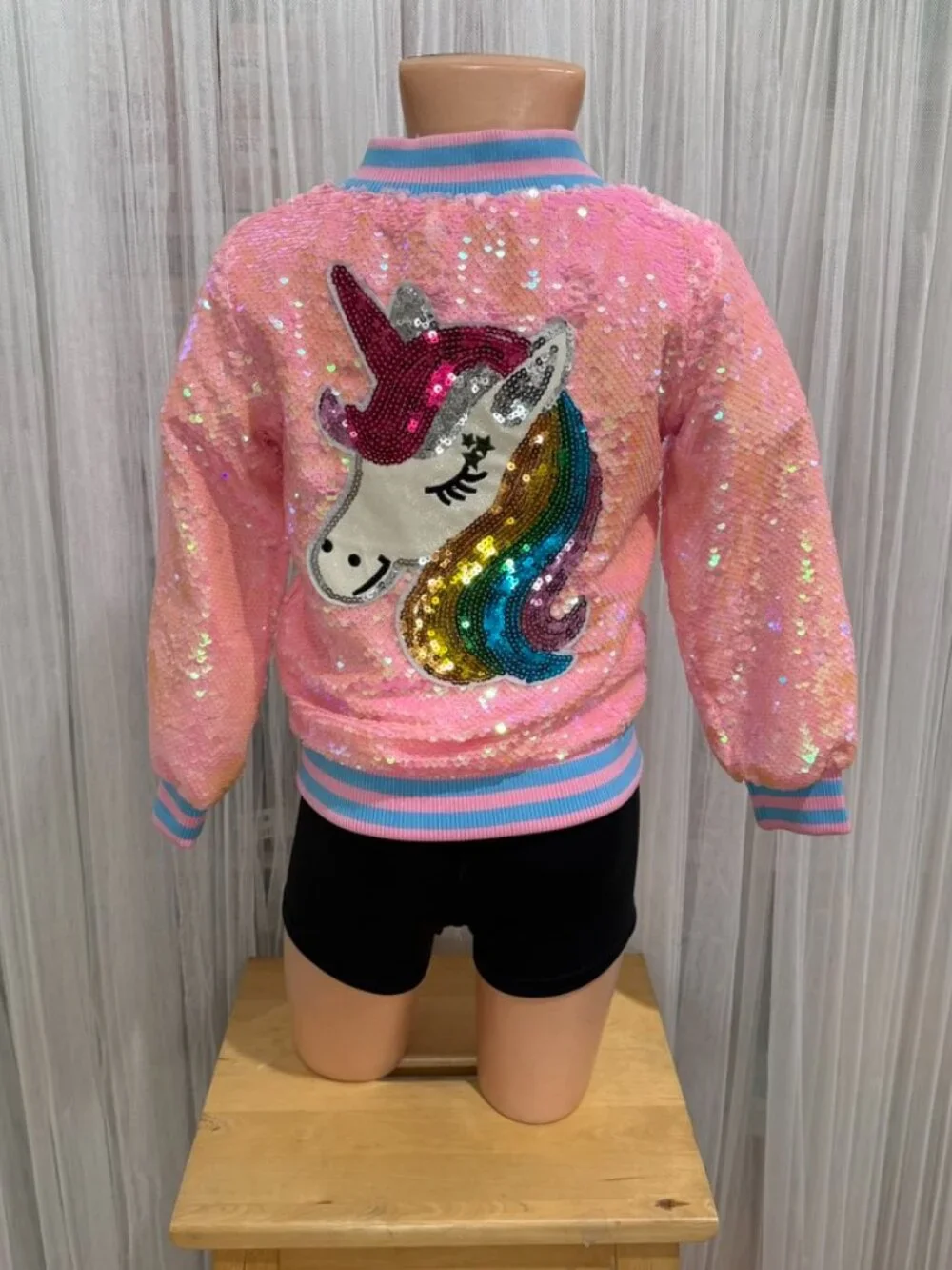 Lola + The Boys Girls Pink Sequin Unicorn Bomber Jacket Zip Front Size 4
